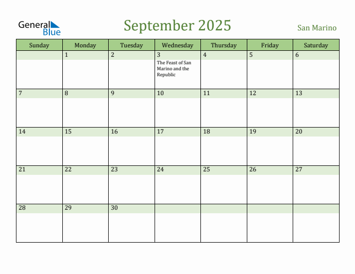 September 2025 Calendar with San Marino Holidays