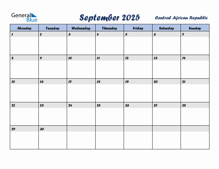 September 2025 Calendar with Holidays in Central African Republic