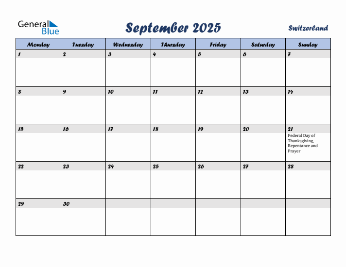 September 2025 Calendar with Holidays in Switzerland