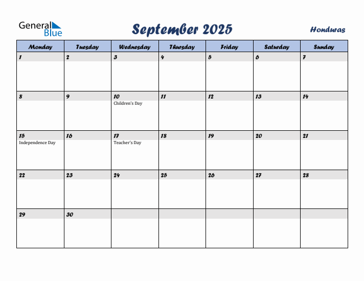 September 2025 Calendar with Holidays in Honduras