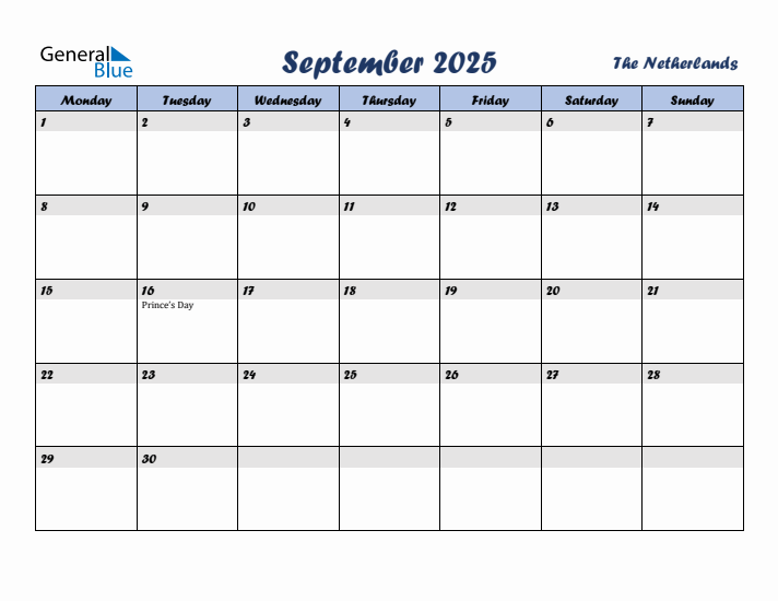 September 2025 Calendar with Holidays in The Netherlands