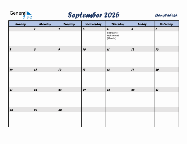 September 2025 Calendar with Holidays in Bangladesh