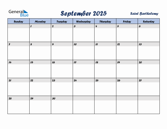 September 2025 Calendar with Holidays in Saint Barthelemy