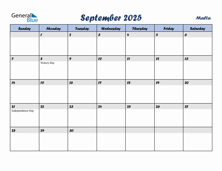 September 2025 Calendar with Holidays in Malta