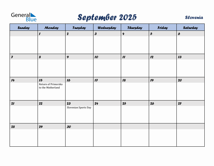 September 2025 Calendar with Holidays in Slovenia