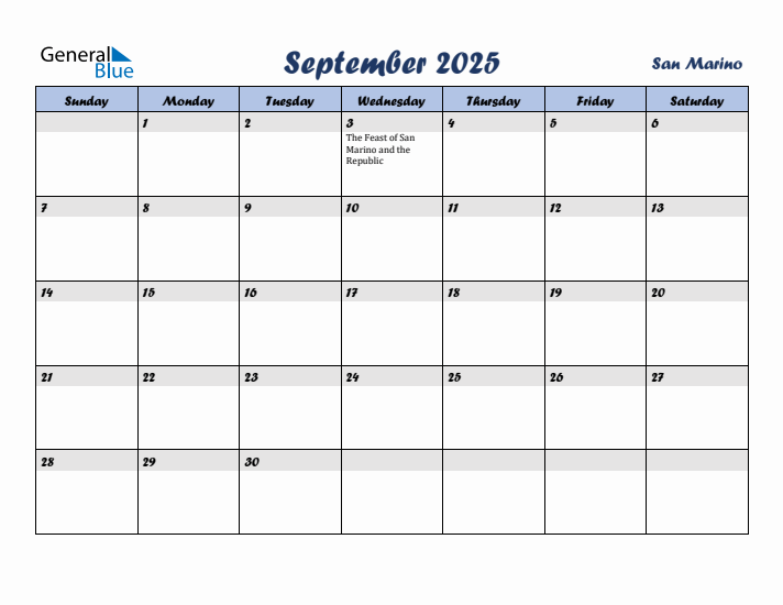 September 2025 Calendar with Holidays in San Marino