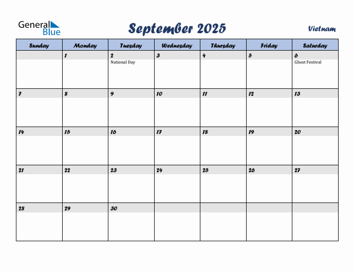 September 2025 Calendar with Holidays in Vietnam