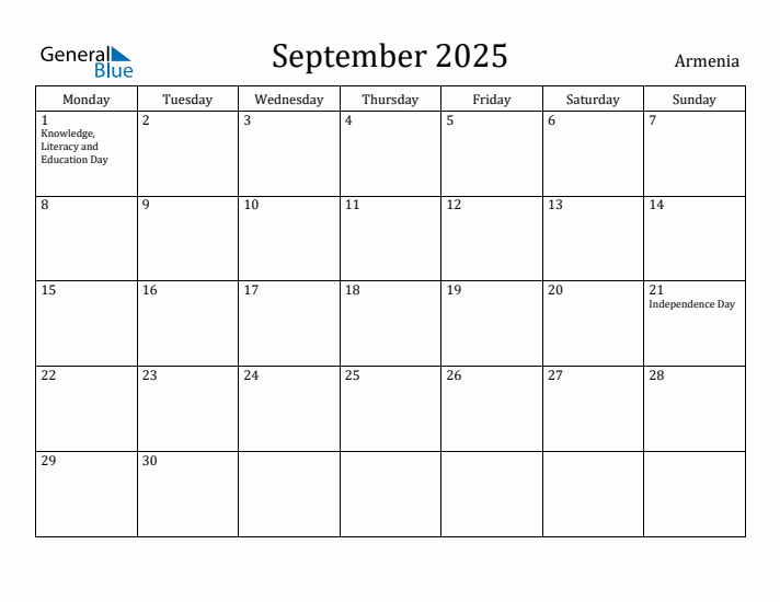 September 2025 Calendar Armenia