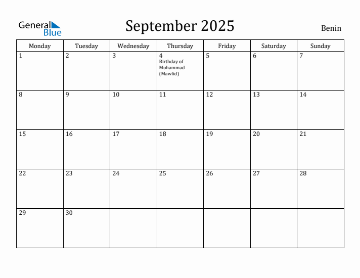 September 2025 Calendar Benin