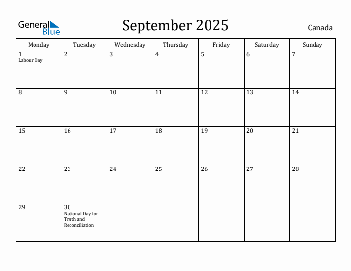 September 2025 Calendar Canada