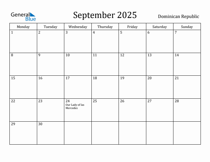 September 2025 Calendar Dominican Republic