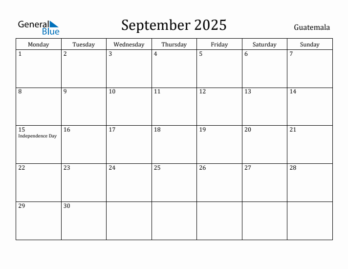 September 2025 Calendar Guatemala