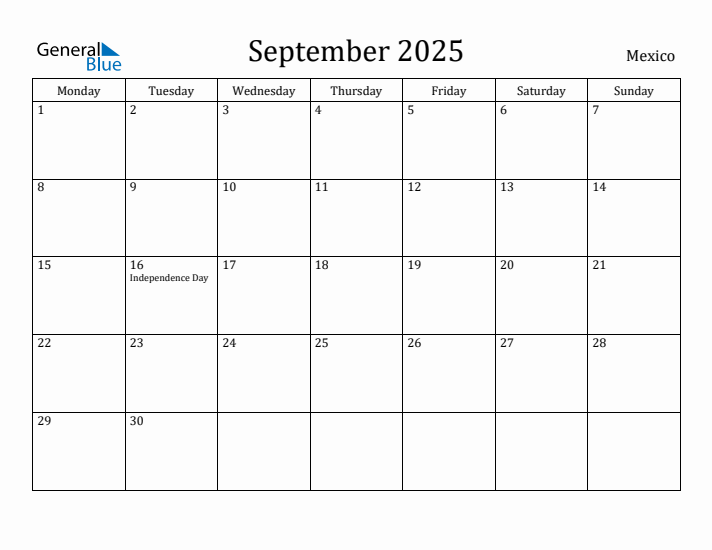 September 2025 Calendar Mexico