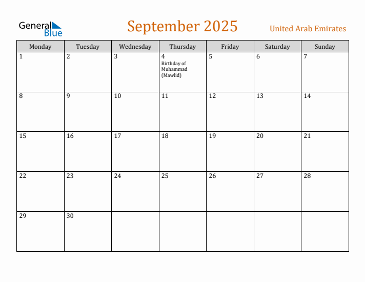 September 2025 Holiday Calendar with Monday Start