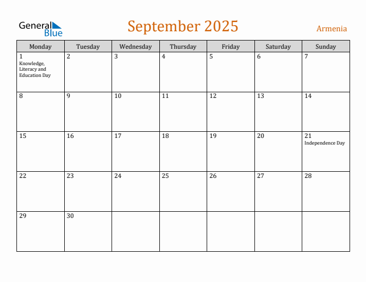 September 2025 Holiday Calendar with Monday Start