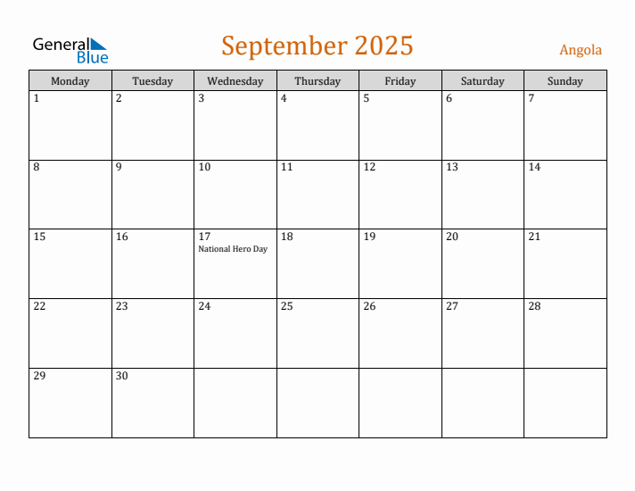 September 2025 Holiday Calendar with Monday Start