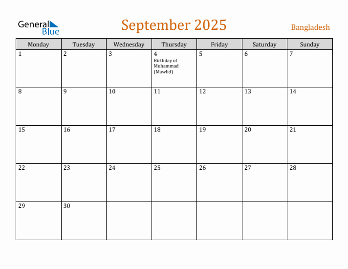 September 2025 Holiday Calendar with Monday Start