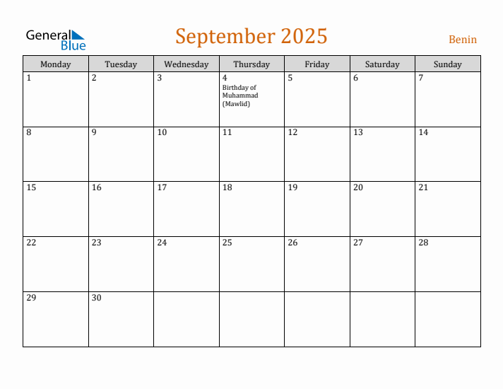 September 2025 Holiday Calendar with Monday Start