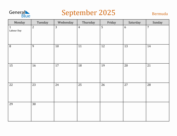 September 2025 Holiday Calendar with Monday Start