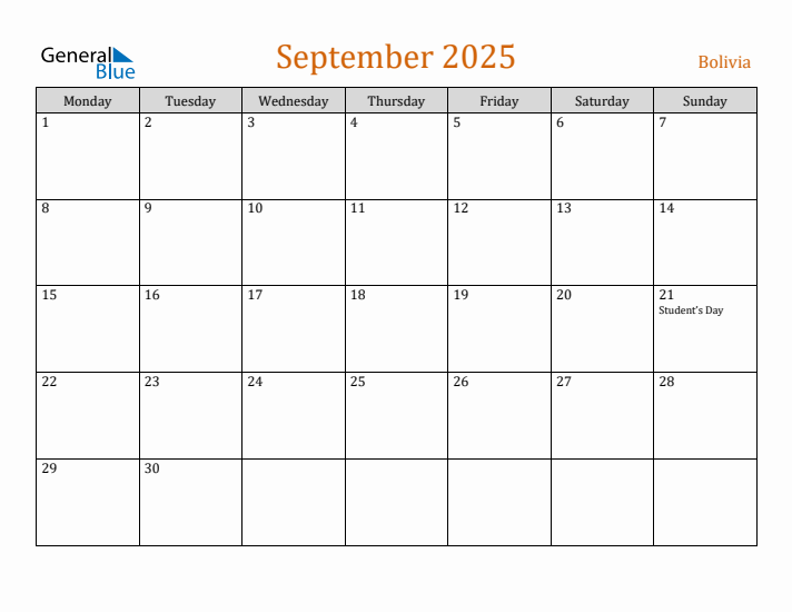 September 2025 Holiday Calendar with Monday Start