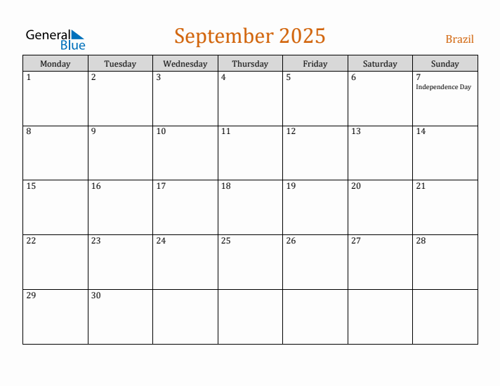 September 2025 Holiday Calendar with Monday Start