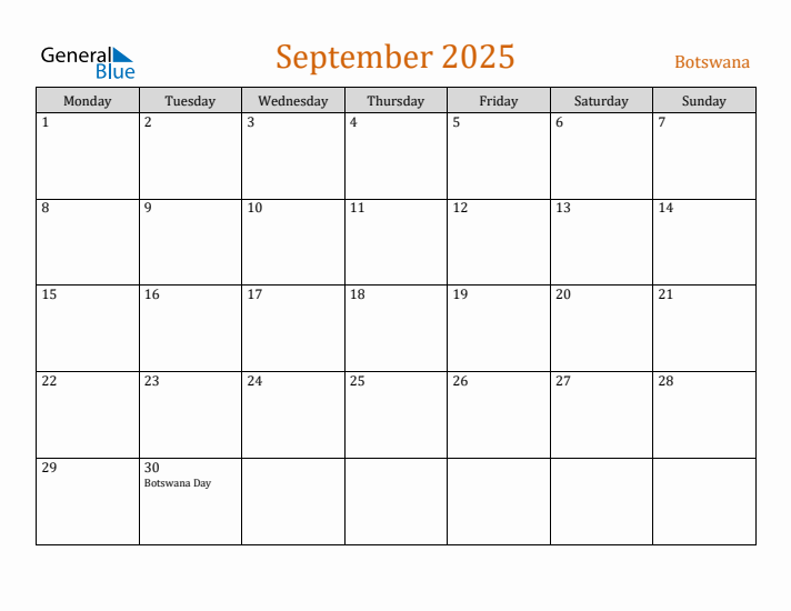 September 2025 Holiday Calendar with Monday Start