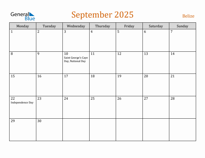 September 2025 Holiday Calendar with Monday Start