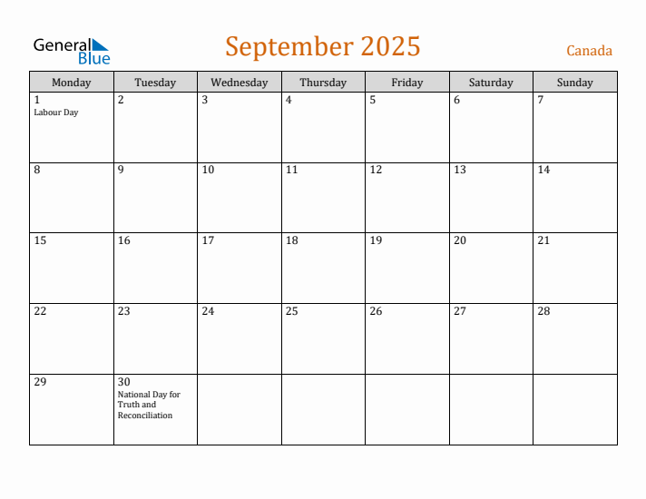 September 2025 Holiday Calendar with Monday Start