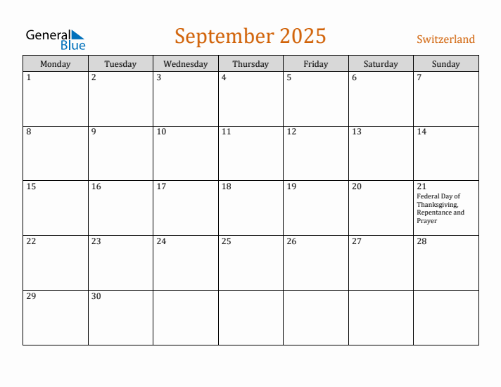 September 2025 Holiday Calendar with Monday Start