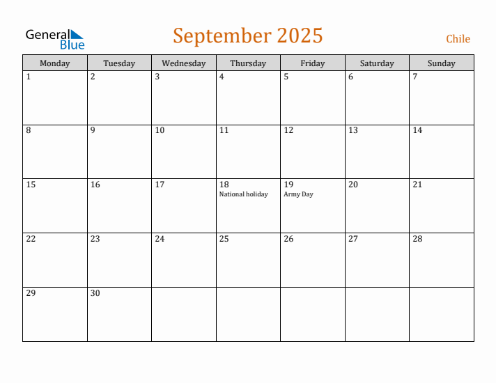 September 2025 Holiday Calendar with Monday Start