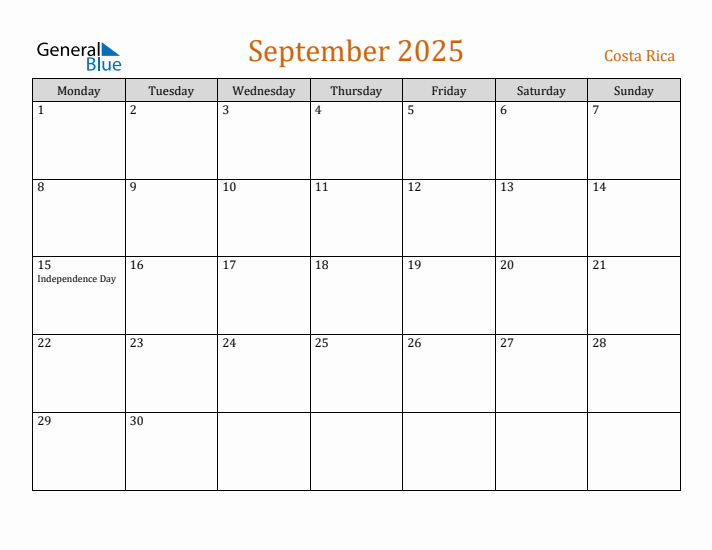 September 2025 Holiday Calendar with Monday Start