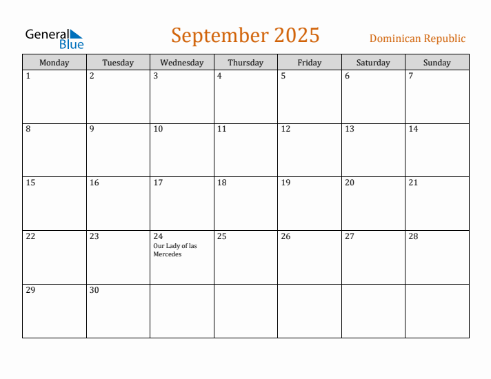 September 2025 Holiday Calendar with Monday Start