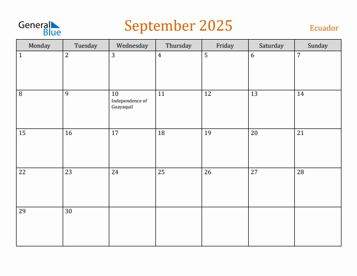 September 2025 Holiday Calendar with Monday Start