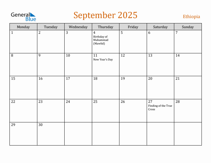 September 2025 Holiday Calendar with Monday Start