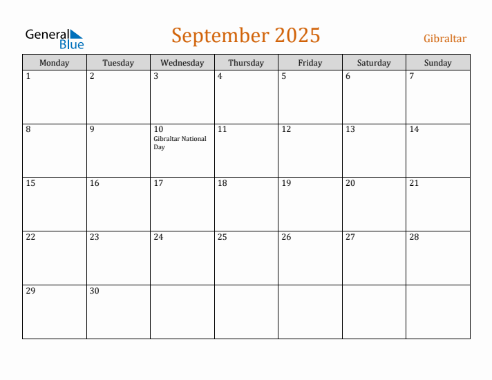 September 2025 Holiday Calendar with Monday Start