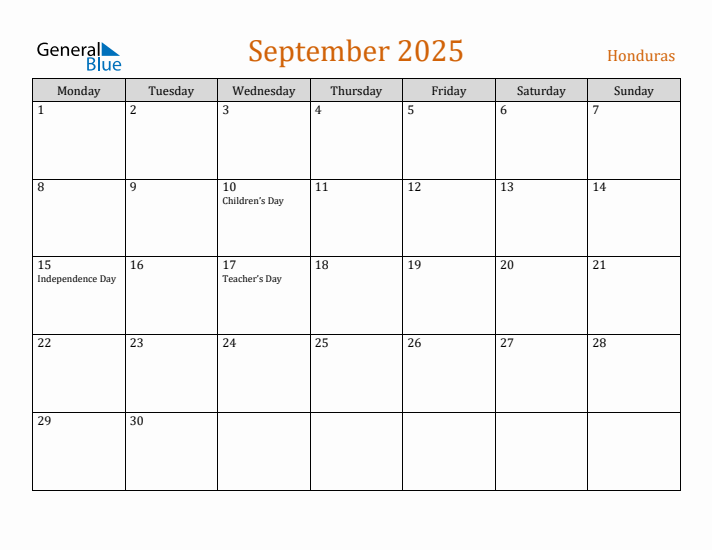 September 2025 Holiday Calendar with Monday Start