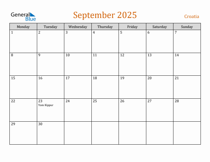 September 2025 Holiday Calendar with Monday Start