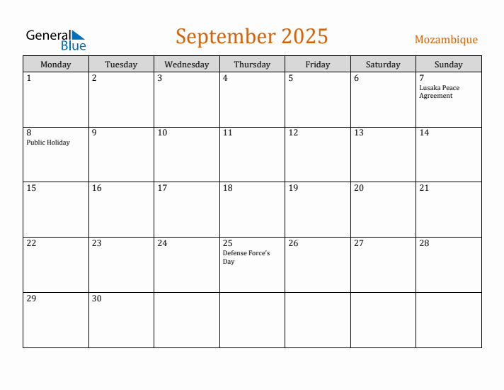 September 2025 Holiday Calendar with Monday Start