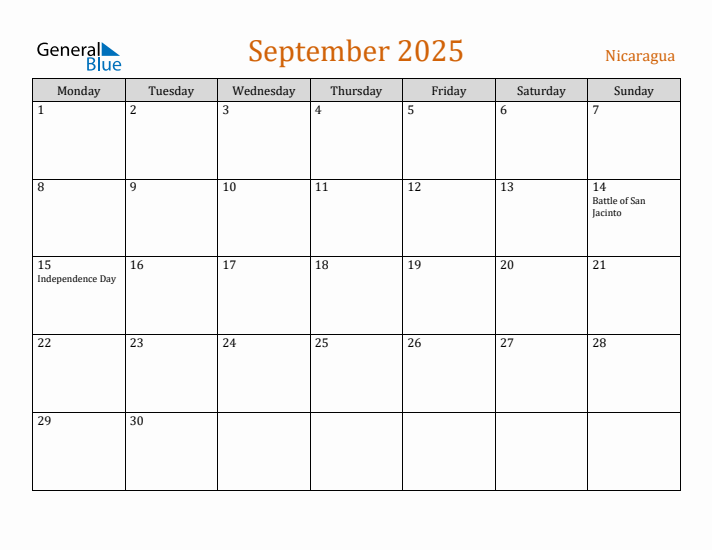 September 2025 Holiday Calendar with Monday Start