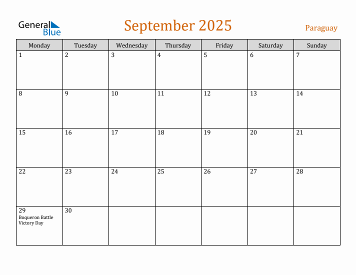 September 2025 Holiday Calendar with Monday Start