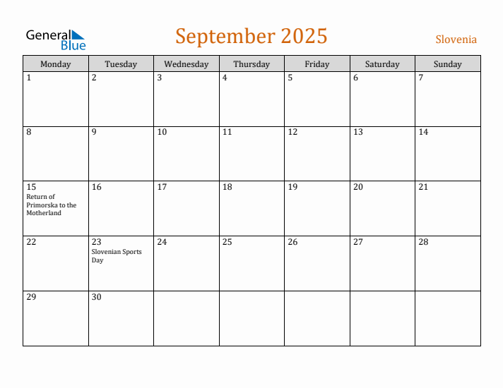 September 2025 Holiday Calendar with Monday Start