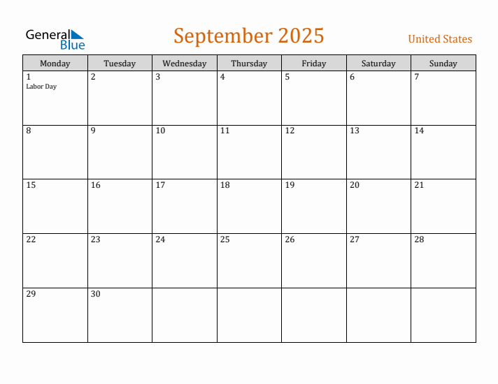 September 2025 Holiday Calendar with Monday Start