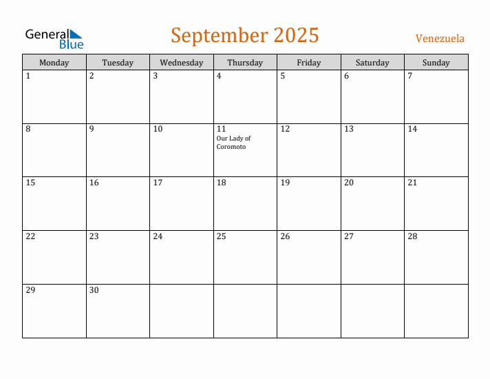 September 2025 Holiday Calendar with Monday Start