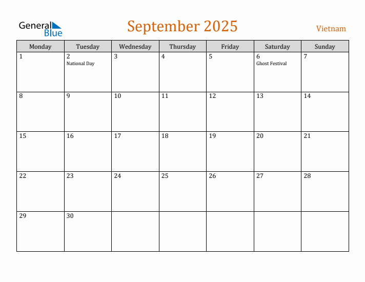 September 2025 Holiday Calendar with Monday Start