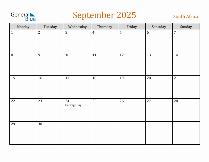 September 2025 Holiday Calendar with Monday Start