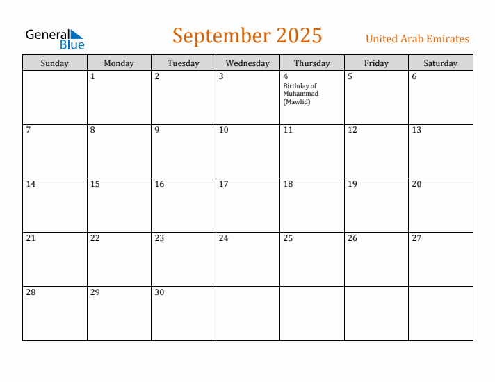 September 2025 Holiday Calendar with Sunday Start