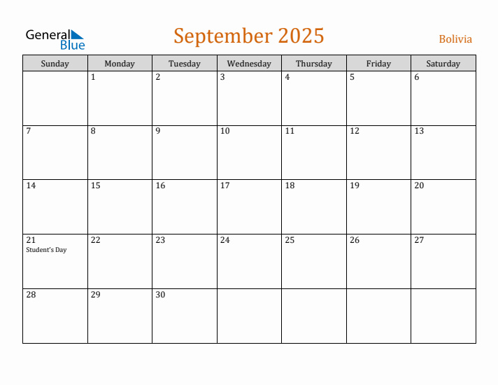 September 2025 Holiday Calendar with Sunday Start