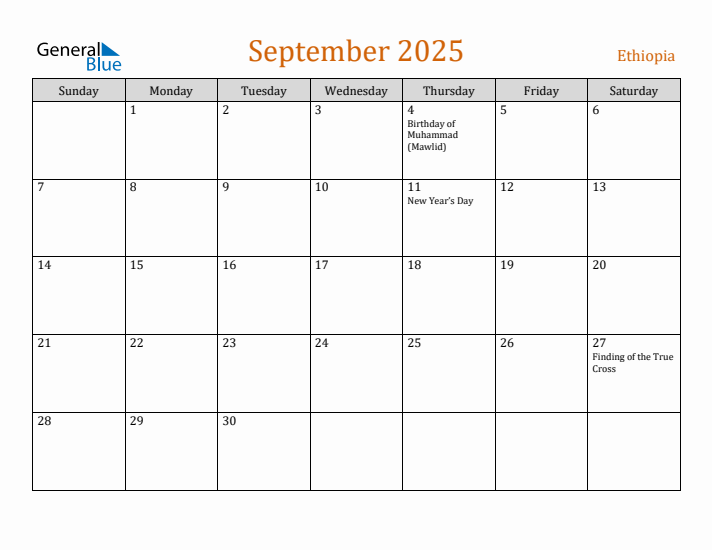 September 2025 Holiday Calendar with Sunday Start