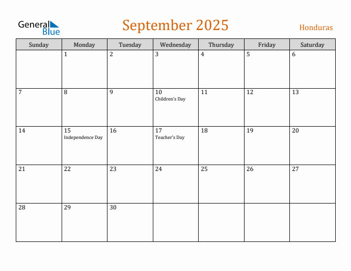 September 2025 Holiday Calendar with Sunday Start