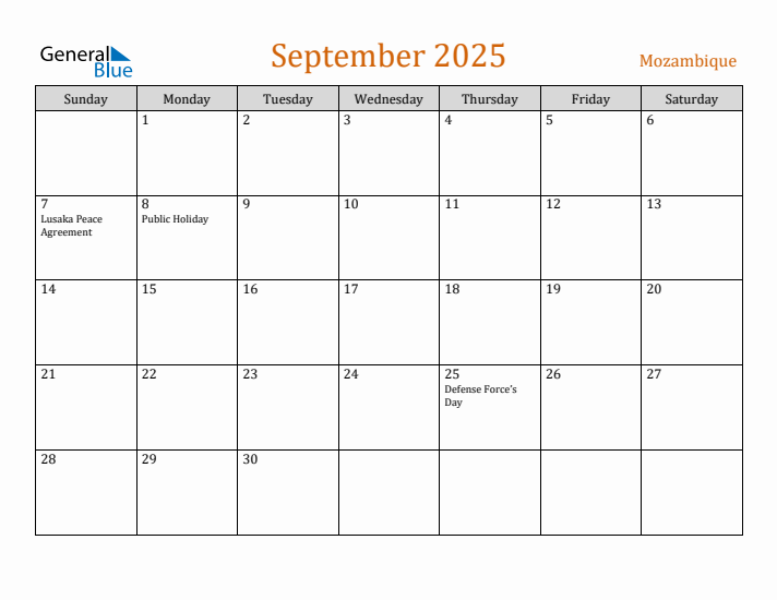 September 2025 Holiday Calendar with Sunday Start